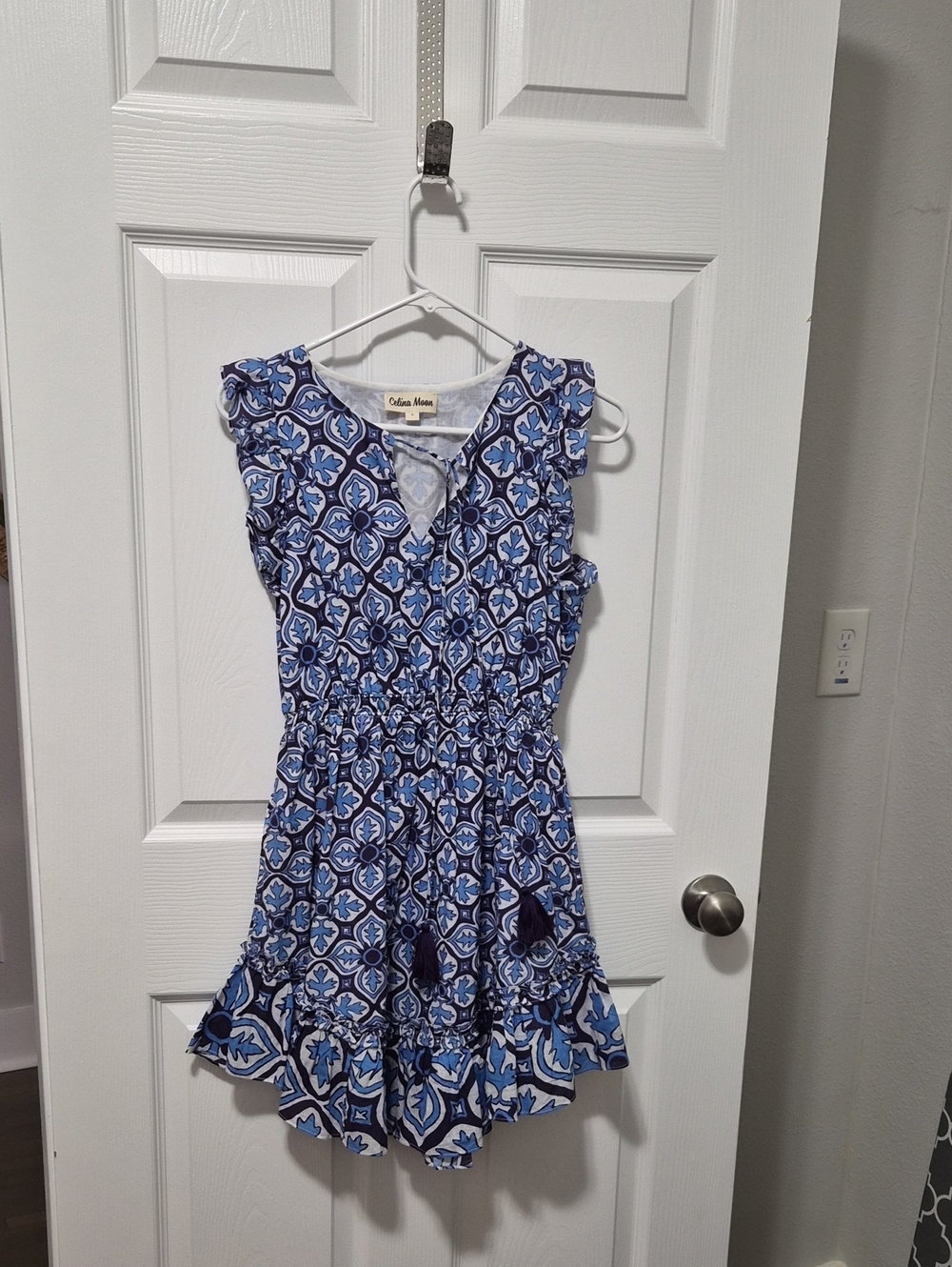 CELINA MOON Blue and Navy Floral Print Dress